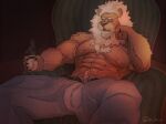  anthro belt beverage bottomwear bottomwear_only clay_calloway_(sing) clothed clothing container cup felid hi_res illumination_entertainment lion male mammal muscular pantherine pants sing_(movie) sir_arion solo steam 