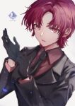  1girl absurdres adjusting_clothes adjusting_gloves bazett_fraga_mcremitz black_gloves fate/grand_order fate/hollow_ataraxia fate_(series) formal gloves highres mole mole_under_eye necktie nigiri purple_eyes purple_hair short_hair suit 