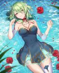  absurdres breasts ceres_fauna chocolate chocolate_on_breasts cleavage flower green_eyes green_hair hanh_chu_(r_a) highres hololive hololive_english looking_at_viewer ribbon solo water 