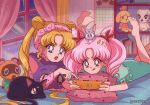  1990s_(style) 2girls animal_crossing artist_name bedroom bishoujo_senshi_sailor_moon blonde_hair blue_eyes cat character_request closed_mouth double_bun hanavbara handheld_game_console holding holding_handheld_game_console indoors isabelle_(animal_crossing) k.k._slider_(animal_crossing) long_hair looking_at_another looking_away multiple_girls night nintendo_switch open_mouth pink_hair red_eyes retro_artstyle tom_nook_(animal_crossing) tongue tongue_out tsukino_usagi twintails window 