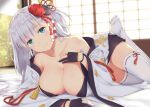 1girl azur_lane bare_shoulders blue_eyes breasts cleavage eyebrows_visible_through_hair flower full_body gloves hair_flower hair_ornament indoors japanese_clothes kimono kirisawa_shinji large_breasts long_hair looking_at_viewer lying on_stomach partially_fingerless_gloves purple_gloves red_flower shoukaku_(azur_lane) smile solo thighhighs very_long_hair white_hair white_kimono white_legwear wide_sleeves 