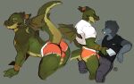  anthro balls bent_over bottomwear bulge bulge_frottage bulge_rubbing butt canid canine canis clothing dragon duo erection facial_piercing feathered_wings feathers femboy_hooters genitals goon_(goonie_san) goonie-san hi_res hooters_uniform horn horn_jewelry hotpants icarus_(darkgem) looking_back looking_up male male/male mammal muscular muscular_male nose_piercing nose_ring penis piercing presenting raised_tail scalie septum_piercing shirt shorts simple_background smile tank_top thick_thighs topwear wings wolf 
