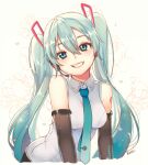  1girl artist_name blue_eyes blue_hair blue_necktie blush breasts detached_sleeves eyebrows_visible_through_hair grin hatsune_miku headset highres lips looking_at_viewer medium_breasts necktie parted_lips shirt sleeveless sleeveless_shirt smile solo teeth vocaloid yumyum 