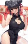  1girl baozi bare_shoulders black_hair blush breasts chinese_clothes cleavage cleavage_cutout clothing_cutout double_bun eating fingernails food hair_ribbon hawe_king highres holding holding_food looking_at_viewer original red_eyes red_nails ribbon signature steam sweat thick_thighs thighs tongue tongue_out witch 
