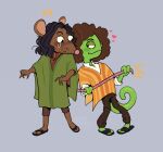  &lt;3 anthro anthrofied blush brown_hair bruno_madrigal camilo_madrigal chameleon clothing curled_hair duo embarrassed encanto flirting footwear hair indigoroyalty lizard male male/male mammal murid murine rat reptile rodent sandals scalie 