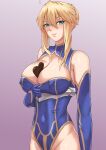  1girl absurdres artoria_pendragon_(fate) artoria_pendragon_(lancer)_(fate) bare_shoulders blonde_hair blue_gloves blue_leotard braid breasts candy chocolate chocolate_on_breasts cleavage cleavage_cutout clothing_cutout elbow_gloves fate/grand_order fate_(series) food freed_turing french_braid gloves green_eyes hair_between_eyes heart heart-shaped_chocolate highleg highleg_leotard highres large_breasts leotard long_hair looking_at_viewer sidelocks 