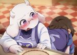  2022 anthro apron blush bovid caprine clothing dagasi dessert duo eyewear face_to_butt female food frisk_(undertale) glasses goat hi_res human kitchen male mammal pie toriel undertale undertale_(series) video_games young 