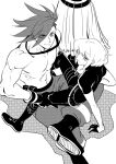  2boys 302 boots crossed_legs earrings galo_thymos greyscale highres jewelry lio_fotia male_focus matoi monochrome multiple_boys no_jacket promare shirt sitting sitting_on_person smile straddling t-shirt topless_male yaoi 