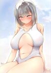  bangs bare_arms blue_sky blush breasts breasts_apart closed_mouth cloud collarbone commentary_request dermar embarrassed eyebrows_visible_through_hair green_eyes grey_hair highres large_breasts long_hair looking_at_viewer navel one-piece_swimsuit original school_uniform simple_background sitting sky swimsuit tearing_up thighs white_swimsuit 