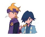  2boys :t bangs black_sweater blonde_hair blue_eyes blue_hair blue_jacket blue_kimono closed_mouth commentary_request eating falkner_(pokemon) hair_over_one_eye hand_up headband highres holding jacket japanese_clothes kimono looking_down male_focus medium_hair morty_(pokemon) multiple_boys pokemon pokemon_(game) pokemon_hgss purple_eyes purple_headband purple_scarf scarf short_hair simple_background skewer sweater translation_request tyako_089 white_background 