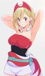  1girl armpits arms_behind_head bangs blonde_hair blue_eyes blush breasts cleavage closed_mouth collar commentary_request egooo eyelashes hair_between_eyes hairband irida_(pokemon) looking_at_viewer medium_hair pokemon pokemon_(game) pokemon_legends:_arceus presenting_armpit red_hairband red_shirt sash shirt shorts solo strapless strapless_shirt waist_cape white_shorts 
