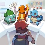  2boys absurdres backpack bag bangs belt belt_buckle black_eyes blonde_hair brown_bag brown_hair buckle bulbasaur charmander closed_mouth commentary_request hat highres indoors labcoat male_focus multiple_boys official_art pants poke_ball poke_ball_(basic) pokemon pokemon_(game) pokemon_rgby red_(pokemon) samuel_oak shirt short_hair short_sleeves smile spiked_hair squirtle starter_pokemon_trio 