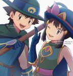  1boy 1girl :d ash_ketchum bangs belt blue_gloves blue_headwear blue_tunic brown_bag brown_belt brown_eyes brown_hair cape commentary_request dawn_(pokemon) eyelashes fuyu_(utngrtn) gloves green_cape green_headwear grey_eyes hair_ornament hairclip hand_up hat highres holding index_finger_raised official_alternate_costume one_eye_closed open_mouth pokemon pokemon_(anime) pokemon_(game) pokemon_m08 pokemon_masters_ex pokemon_rse_(anime) short_hair sidelocks smile teeth tongue upper_teeth watermark white_background 