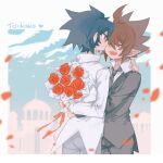  2boys ahoge anmicius aotu_world bird black_hair black_necktie blue_sky blurry blurry_foreground bouquet closed_eyes closed_mouth coattails collared_shirt english_commentary flower formal hair_between_eyes heart highres hug long_sleeves male_focus multiple_boys necktie open_mouth petals pointy_ears ray_(aotu_world) red_eyes red_flower red_rose rose shirt short_hair sky spiked_hair star_baili suit white_shirt yaoi 