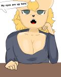  4:5 big_breasts blonde_hair bored bored_expression breasts canid canine cleavage clothed clothing dialogue female fennec feral fox green_eyes hair hi_res humanoid invalid_tag lewd_(disambiguation) mammal profdatdrawin1556 solo 