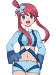  1girl :d blue_eyes blue_gloves blue_jacket blue_shorts blush commentary_request cowboy_shot cropped_jacket gloves hair_ornament hand_on_hip highres jacket koniko_(525lj) midriff navel one_side_up open_mouth pokemon pokemon_(game) pokemon_bw red_hair short_hair_with_long_locks short_shorts shorts sidelocks sketch skyla_(pokemon) smile solo teeth tied_hair tongue turtleneck upper_teeth white_background 