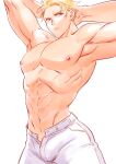  1boy 302 abs arms_up blonde_hair highres kray_foresight large_pectorals male_focus muscular muscular_male nipples pants pectorals promare red_eyes solo topless_male white_pants 