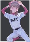  1girl animal_ears baseball_cap baseball_uniform belt border cat_ears feiqizi_(fkey) fkey grey_background hat highres long_hair original pants pink-framed_eyewear pink_eyes short_sleeves silver_hair solo sportswear 