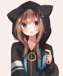  1girl :d absurdres animal_ears animal_hood bangs black_jacket blue_eyes blush brown_background brown_hair cat_ears cat_hood drawstring eyebrows_visible_through_hair fake_animal_ears hair_between_eyes hand_up heripiro highres hood hood_up hooded_jacket jacket long_sleeves original puffy_long_sleeves puffy_sleeves simple_background sleeves_past_wrists smile solo upper_body 