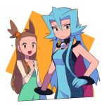  2girls :d alternate_hairstyle bangs black_choker blue_bodysuit blue_eyes blue_gloves blue_hair blush bodysuit bow bowtie brown_eyes brown_hair choker clair_(pokemon) commentary_request dress eyelashes gloves green_dress hair_between_eyes hair_bobbles hair_ornament hand_on_hip highres jacket jasmine_(pokemon) long_hair multiple_girls open_clothes open_jacket open_mouth orange_bow orange_bowtie parted_lips pokemon pokemon_(game) pokemon_hgss smile sparkle tongue two_side_up tyako_089 white_jacket 