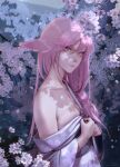  1girl animal_ears breasts cherry_blossoms cleavage fox_ears genshin_impact highres japanese_clothes kimono large_breasts long_hair low-tied_long_hair m_alexa miko pink_hair priestess purple_eyes shadow solo upper_body yae_miko 