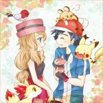  1girl ash_ketchum black_hair blue_eyes blush closed_eyes couple dedenne fletchling food hat macaron momobesaeka pikachu pokemon pokemon_(anime) pokemon_(creature) pokemon_(game) pokemon_xy pokemon_xy_(anime) serena_(pokemon) 