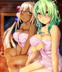 2girls :o antlers arms_between_legs bangs bare_shoulders blonde_hair blunt_bangs blush braid braided_bangs branch breast_lift breast_squeeze breasts ceres_fauna cleavage collarbone covered_nipples covering covering_breasts dark-skinned_female dark_skin flower from_side green_hair hair_between_eyes hair_flower hair_ornament hair_over_eyes hitmann holocouncil hololive hololive_english indoors large_breasts light_brown_hair long_bangs long_hair looking_at_viewer multiple_girls naked_towel planet_hair_ornament reflection sauna sidelocks sitting towel towel_pull tsukumo_sana twintails v_arms very_long_hair virtual_youtuber yellow_eyes 
