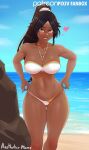  1girl aestheticc-meme artist_name beach bikini black_hair bleach breasts cameltoe dark-skinned_female dark_skin grin heart highres large_breasts looking_at_viewer navel ocean outdoors rock sand shihouin_yoruichi smile solo standing swimsuit wet yellow_eyes 