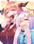  2girls ahoge amane_kanata bangs blonde_hair blue_hair blue_shirt blunt_bangs blush bow closed_eyes collarbone commentary_request dated diagonal-striped_bow doughnut dragon_girl dragon_horns emblem eyebrows_visible_through_hair food food_in_mouth hair_between_eyes hair_over_one_eye halo hand_up hands_up highres hikawa_shou holding holding_food hololive hood hood_down hooded_track_jacket horn_bow horn_ornament horns jacket kiryu_coco logo long_hair long_sleeves multicolored_hair multiple_girls official_alternate_costume open_mouth orange_hair outline pink_hair pointy_ears pon_de_ring pp_tenshi_t-shirt red_jacket shirt short_hair short_sleeves sidelocks signature silver_hair simple_background single_hair_intake star_halo streaked_hair teeth track_jacket upper_body virtual_youtuber white_outline zipper 