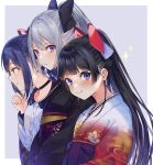  3girls bangs black_bow black_choker black_hair black_kimono blue_eyes blue_hair blush bow choker eyebrows_visible_through_hair from_side hair_bow highres higuchi_kaede japanese_clothes jk_gumi_(nijisanji) kimono looking_at_another looking_at_viewer looking_to_the_side multiple_girls nijisanji obi official_alternate_costume ponytail purple_eyes red_bow sash shizuka_rin silver_hair tsukino_mito virtual_youtuber ya_ka_n yellow_eyes 