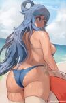  1girl aqua_(konosuba) ass back ball bangs bare_shoulders beach beachball bikini blue_bikini blue_eyes blue_hair blue_sky blush breasts butt_crack closed_mouth cloud cowboy_shot day dimples_of_venus eyebrows_visible_through_hair from_behind hair_ornament hair_rings horizon kono_subarashii_sekai_ni_shukufuku_wo! large_breasts long_hair looking_to_the_side mirai_hikari ocean outdoors patreon_logo patreon_username shore side-tie_bikini skindentation sky smile solo swimsuit thick_thighs thighhighs thighs water web_address wet white_legwear 