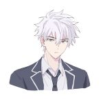  1boy black_jacket black_necktie blazer blue_eyes closed_mouth commentary_request frown jacket looking_at_viewer lu_guang male_focus mr_yheu necktie portrait school_uniform shiguang_dailiren shirt short_hair simple_background solo white_background white_hair white_shirt 