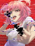  1girl censored doki_doki_literature_club glitch glitch_censor hand_gesture highres imucy looking_at_viewer middle_finger natsuki_(doki_doki_literature_club) open_mouth pink_eyes pink_hair shirt short_hair solo tongue tongue_out twintails white_shirt 