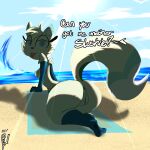  absurd_res anthro beach bedroom_eyes beep! canid canine female fox fur genitals hi_res mammal narrowed_eyes pussy raised_tail seaside seductive slushi_(chikn_nuggit) solo suggestive suggestive_pose text 