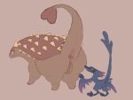  2022 4:3 ambiguous_gender ankylosaurian ankylosaurid ankylosaurus anus blue_body blue_feathers brown_body brown_scales butt claws digital_drawing_(artwork) digital_media_(artwork) dinosaur duo feathers feet female feral flat_colors genitals hi_res labbit1337 markings multicolored_body ornithischian purple_body purple_feathers pussy reptile scales scalie semi-anthro simple_background smile teeth thyreophoran unknown_species 