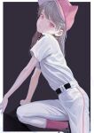  1girl animal_ears baseball_cap baseball_uniform belt black_background border cat_ears fkey hat highres long_hair original pants pink_eyes red_eyes shirt short_sleeves solo sportswear uniform white_border white_pants white_shirt 