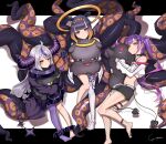  3girls :d absurdres ahoge ascot asymmetrical_legwear bangs bare_shoulders baseball_cap belt bibi_(tokoyami_towa) bird black_choker black_dress black_footwear black_gloves black_horns black_shirt black_shorts blue_eyes blush breasts choker claw_pose collar commentary commentary_request cropped_jacket crow_(la+_darknesss) demon_girl demon_horns demon_tail detached_sleeves doll_hug dress ear_piercing eyebrows_visible_through_hair eyelashes fake_horns fishnet_legwear fishnets flat_chest full_body gloves green_eyes grin hair_between_eyes hair_ornament hairclip halo halter_top halterneck hat heart heart_tattoo highres hololive hololive_english horned_headwear horns jacket la+_darknesss leg_tattoo long_hair long_sleeves looking_at_viewer mascot medium_breasts metal_collar midriff multicolored_hair multicolored_nails multiple_girls multiple_views ninomae_ina&#039;nis o-ring o-ring_choker object_hug open_hands piercing pink_hair platform_footwear pointy_ears purple_hair purple_legwear purple_nails shirt shoes short_shorts shorts silver_hair single_detached_sleeve single_leg_pantyhose single_thighhigh sitting sleeves_past_fingers sleeves_past_wrists smile solo squatting strapless strapless_dress streaked_hair stuffed_animal stuffed_toy tail tail_ornament tail_piercing tako_(ninomae_ina&#039;nis) tattoo teeth tentacle_hair tentacles thighhighs thighs tokoyami_towa twintails two-tone_hair v-shaped_eyebrows very_long_hair virtual_youtuber white_belt white_jacket yellow_ascot yellow_eyes yo_na 