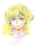  1boy 302 androgynous ascot blonde_hair colored_eyelashes earrings frilled_shirt_collar frills highres jewelry lio_fotia male_focus portrait promare purple_eyes sidelocks solo 