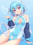  2021 armwear blue_hair breasts cleavage cleavage_cutout clothed clothing demon female hair head_wings humanoid not_furry one-piece_swimsuit purple_eyes sand-rain solo swimwear wings 