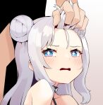  +_+ 1boy 1girl azur_lane bangs bare_shoulders blue_eyes blush choker double_bun face hair_grab hetero le_malin_(azur_lane) le_malin_(sleepy_sunday)_(azur_lane) long_hair open_mouth silver_hair solo_focus viroa 