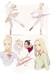  2girls ace_attorney ballerina ballet ballet_slippers blonde_hair english_text eva_smith full_body hakama highres japanese_clothes multiple_girls multiple_views nikolina_pavlova pantyhose red_hakama susato_mikotoba the_great_ace_attorney the_great_ace_attorney:_adventures tutu updo 