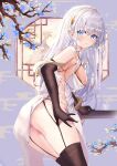  1girl absurdres age_fx anastasia_(fate) ass bangs blue_eyes blush breasts cleavage dress fate/grand_order fate_(series) hair_over_one_eye hairband highres large_breasts long_hair looking_at_viewer silver_hair very_long_hair white_dress 