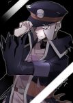  1boy belt belt_buckle black_background black_coat black_headwear brown_belt buckle closed_mouth coat commentary_request facial_hair grey_hair hand_on_headwear hat high_collar highres ingo_(pokemon) looking_at_viewer male_focus misumi_rei open_clothes open_coat pearl_clan_outfit pokemon pokemon_(game) pokemon_legends:_arceus short_hair sideburns solo torn_clothes torn_coat 