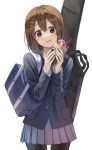  1girl absurdres bag bangs blue_jacket blush brown_eyes brown_hair brown_legwear cowboy_shot crepe eyebrows_visible_through_hair food grey_skirt hair_ornament hairclip hands_up highres hirasawa_yui holding holding_food instrument_case instrument_on_back jacket k-on! long_sleeves looking_at_viewer medium_hair pantyhose pleated_skirt school_uniform shoulder_bag simple_background skirt smile solo standing superpig white_background 