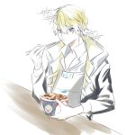  1boy blonde_hair blue_eyes chopsticks eating food highres kaiju_ki mole mole_on_neck nijisanji nijisanji_en noodles pale_skin ramen sonny_brisko sparkle white_background 