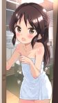  1girl bangs bare_shoulders blush brown_eyes brown_hair child collarbone covering eyebrows_visible_through_hair flat_chest half_updo hand_on_own_chest highres idolmaster idolmaster_cinderella_girls indoors long_hair looking_at_viewer naked_towel open_mouth saeki_tatsuya sidelocks solo steam table tachibana_arisu tile_wall tiles towel wet 