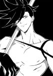  1boy 302 galo_thymos greyscale high_contrast highres holding holding_polearm holding_weapon male_focus monochrome pectorals polearm promare sidecut smile solo spiked_hair topless_male upper_body weapon 