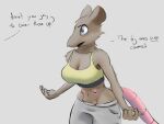  2021 ? anthro breasts brown_body brown_fur cleavage clothed clothing dialogue english_text female fingers fur hi_res mammal midriff multi_nipple murid murine navel nipples open_mouth pink_tail portrait rat rodent schmutzo simple_background solo text three-quarter_portrait unseen_character white_background 