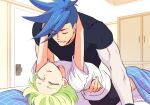  2boys 302 androgynous blue_hair colored_eyelashes galo_thymos green_hair lio_fotia male_focus multiple_boys promare shirt sidecut sleeping spiked_hair t-shirt under_covers waking_up yaoi 