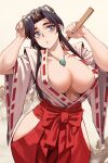  1girl absurdres arms_up bangs bare_shoulders black_hair blue_eyes bow breasts carcass_(artist) cleavage commentary_request covered_nipples downblouse goggles goggles_on_head gohei highres huge_breasts japanese_clothes kimono korean_commentary koyori large_breasts lips long_hair magatama miko navel open_clothes open_kimono open_mouth parted_lips red_bow sengoku_ace simple_background smile solo thick_thighs thighs white_background wide_hips wide_sleeves 